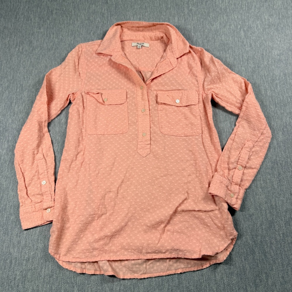 Madewell Shirt Womens XS Peach Pink Textured Clip Dot Pullover Button Top